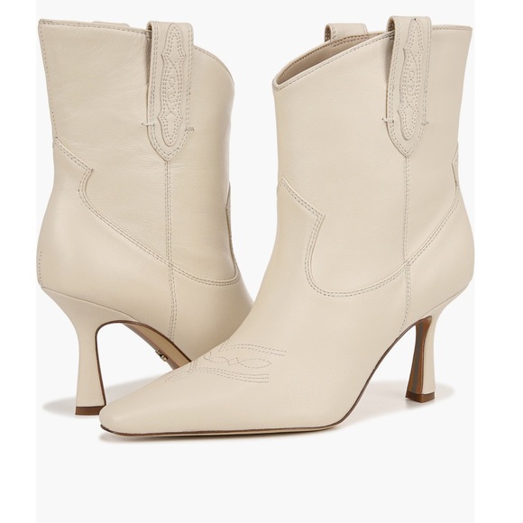 Sam Edelman Cream Heeled Boots with Western Flair - Picture 2 of 13